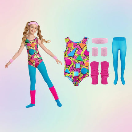 Retro Fitness Halloween Costume Set for Girls with Colorful 80s Design | Fun Outfit for Dance and Themed Events
