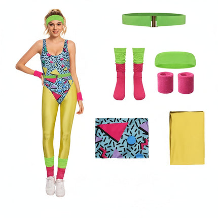 Retro Fitness Halloween Costume Set for Girls with Colorful 80s Design | Fun Outfit for Dance and Themed Events