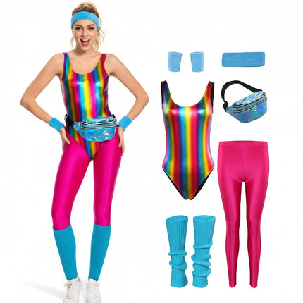Retro Fitness Halloween Costume Set for Girls with Colorful 80s Design | Fun Outfit for Dance and Themed Events