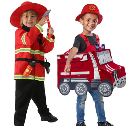 Kids Firefighter Costume with Truck Design & Hat | Fun Role Play Outfit for Halloween and School Events
