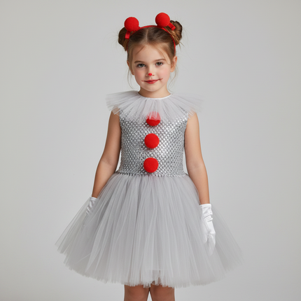 Kids Clown Dress Tutu Costume with Mask and Collar | Fun Halloween Outfit for Parties and Dress-Up Events