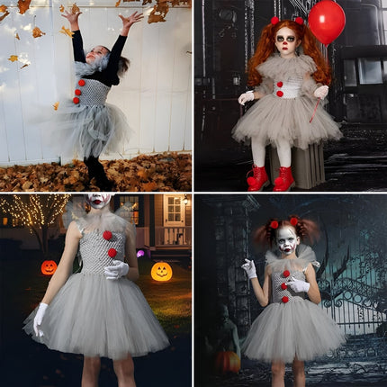 Kids Clown Dress Tutu Costume with Mask and Collar | Fun Halloween Outfit for Parties and Dress-Up Events