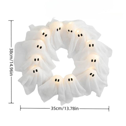 LED Ghost Wreath for Halloween Decoration with 12 Battery-Operated Lights | Spooky and Festive Entryway Decor