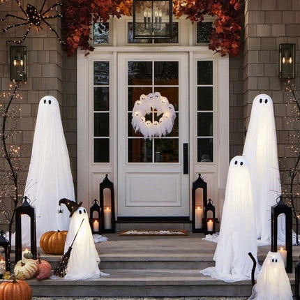 LED Ghost Wreath for Halloween Decoration with 12 Battery-Operated Lights | Spooky and Festive Entryway Decor