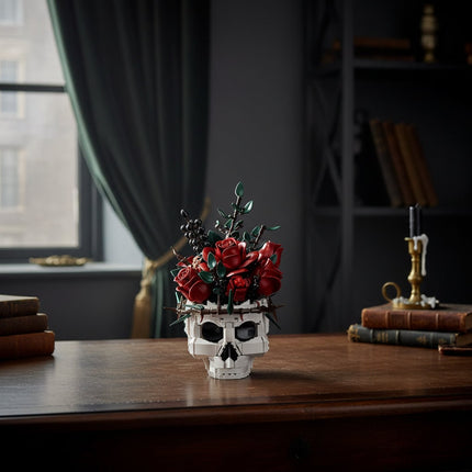 Skull Flower Arrangement with Gothic Design | Elegant Rose Accent for Unique Halloween Decor