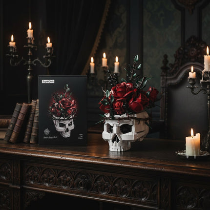 Skull Flower Arrangement with Gothic Design | Elegant Rose Accent for Unique Halloween Decor