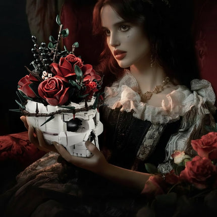 Skull Flower Arrangement with Gothic Design | Elegant Rose Accent for Unique Halloween Decor