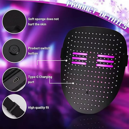 LED Halloween Full Face Mask with Bright Patterns | Light Up Your Costume for Parties and Festivals
