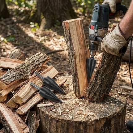 Log splitting drill bit in use