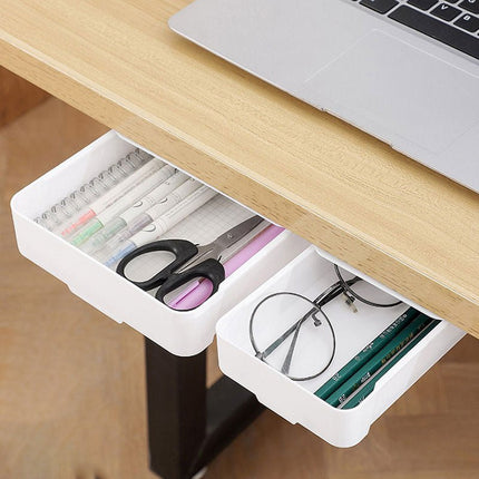 Under Desk Drawer Organizer in White, Self Adhesive Hidden Storage Tray for Pens and Small Office Supplies