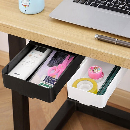 Under Desk Drawer Organizer in White, Self Adhesive Hidden Storage Tray for Pens and Small Office Supplies