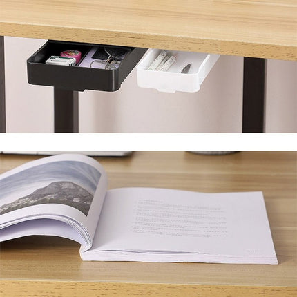 Under Desk Drawer Organizer in White, Self Adhesive Hidden Storage Tray for Pens and Small Office Supplies