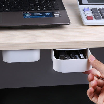 Under Desk Drawer Organizer in White, Self Adhesive Hidden Storage Tray for Pens and Small Office Supplies