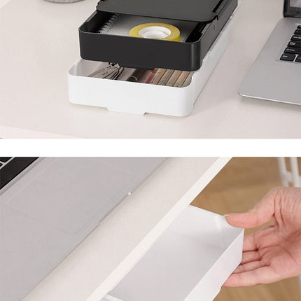 Under Desk Drawer Organizer in White, Self Adhesive Hidden Storage Tray for Pens and Small Office Supplies