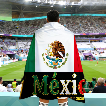 Flag Banner Soccer Fan Cape with Mexico Trophy Print | Lightweight Wearable Banner for Match Day Celebrations