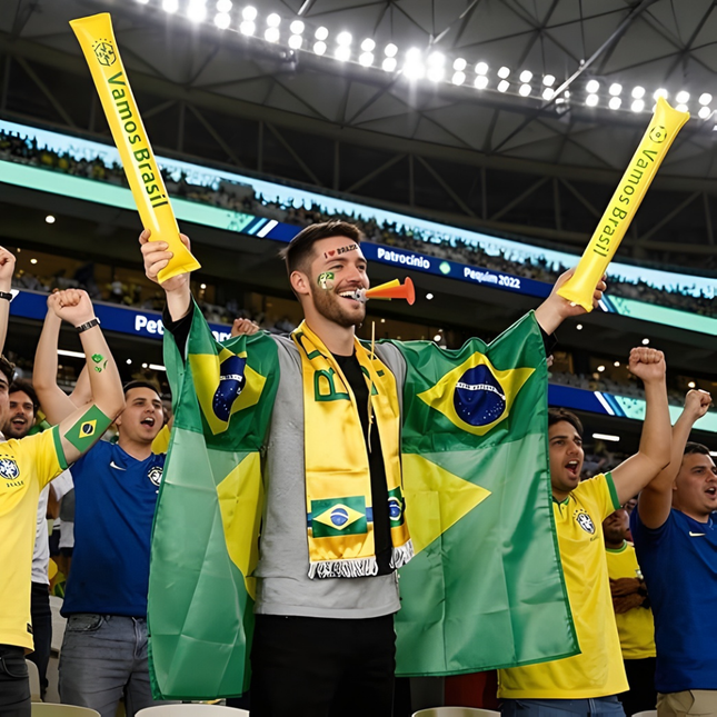 Soccer Fan Kit Brazil Flag Cape and Scarf, Cheering Horn, Thunder Sticks, Soccer Party Supplies for Game Day_00