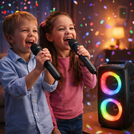 Bluetooth Karaoke Machine with Dual Wireless Microphones | Portable Speaker with Music-Synced LED Lights for Home and Parties