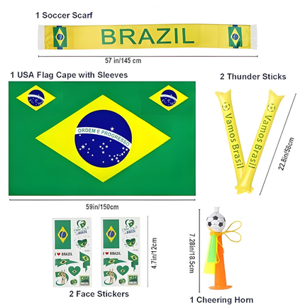 Brazil Flag Soccer Fan Kit with Cape, Scarf & Cheering Horn | Ultimate Game Day Accessories for Team Spirit