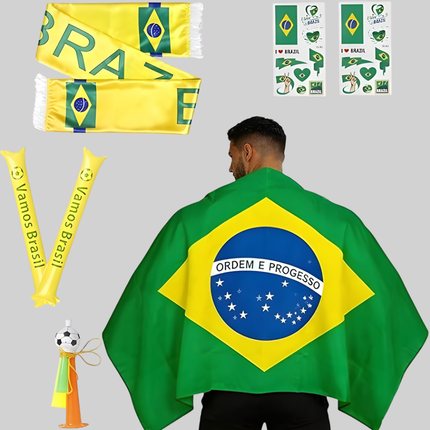 Brazil Flag Soccer Fan Kit with Cape, Scarf & Cheering Horn | Ultimate Game Day Accessories for Team Spirit