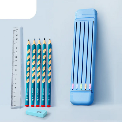 Pencil Box with 5 Pencils, Eraser and Ruler, Plastic Case with Adjustable Compartments in 3 Colors for Students and Artists
