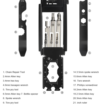 Bike Multi Tool Set with Chain Repair Tool, Hex Keys and Wrenches, Tire Levers, Phillips and Torx Screwdrivers, Pocket Bicycle Repair Kit