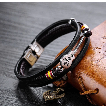 Beaded Guitar Bracelet with Stainless Steel Guitar Centrepiece and Black Beads, Adjustable Wrist Fit