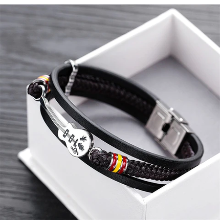 Beaded Guitar Bracelet with Stainless Steel Guitar Centrepiece and Black Beads, Adjustable Wrist Fit