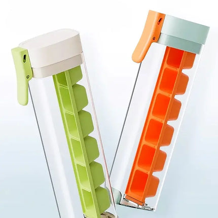 Ice Cube Maker Tray with Storage Box, One Hand Press Ice Cube Mold for Freezer and Drinks in Orange and Green