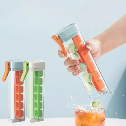 Ice Cube Maker Tray with Storage Box, One Hand Press Ice Cube Mold for Freezer and Drinks in Orange and Green