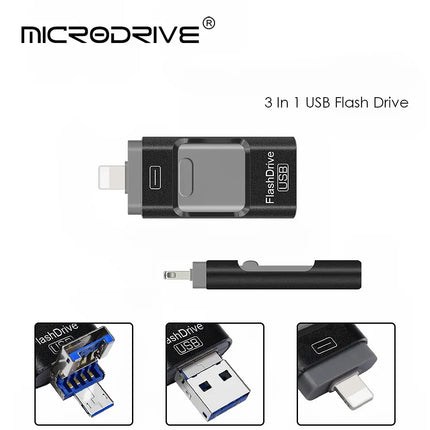 USB Flash Drive 3-in-1 for Phone, Tablet and Computer, USB 3.0 Memory Stick in 8GB to 256GB, 4 Colour Options
