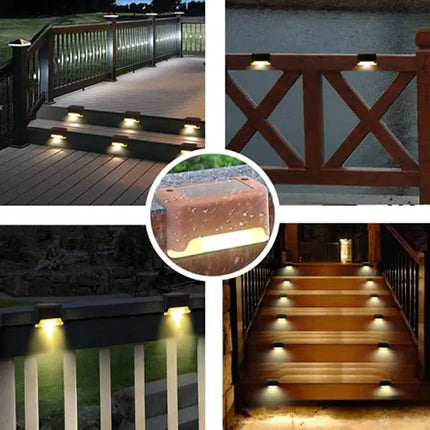 Solar Step Lights, IP44 Waterproof Outdoor Stair Lights with Dusk to Dawn Switching and Tape or Screw Mounting