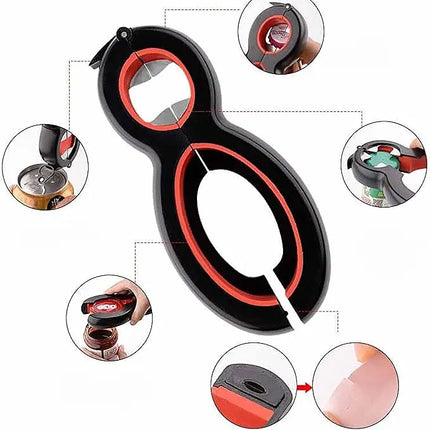 Jar Opener 6 in 1 Multifunctional Bottle, Can and Bag Opener with Ergonomic Grip, Low Effort Kitchen Tool for Tight Lids, Indoor and Outdoor