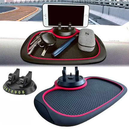 Car Dashboard Phone Holder with Anti-Slip Pad and 360 Degree Rotation, Storage Tray for Keys, Coins and Sunglasses