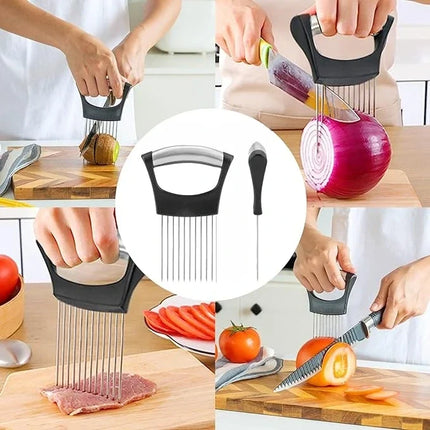 Food Slicing Holder with Sharp Holding Pins and Non-Slip Grip for Even Slices of Tomatoes and Onions