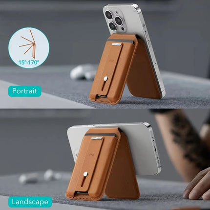 MagSafe Leather Card Holder for Phone, Magnetic Card Wallet with Finger Loop and Portrait or Landscape Stand