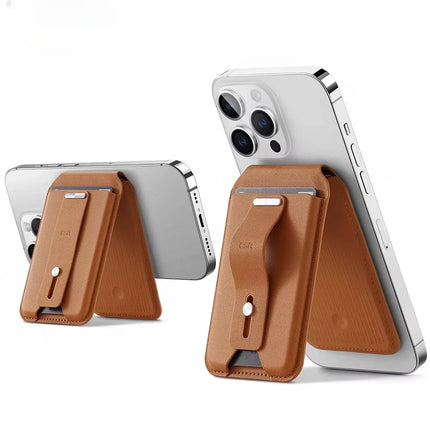 MagSafe Leather Card Holder for Phone, Magnetic Card Wallet with Finger Loop and Portrait or Landscape Stand