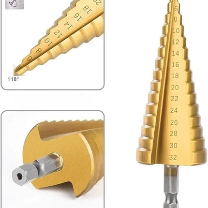 Step Drill Bit 4mm to 32mm Titanium Coated High Speed Steel with 6.35mm Hex Shank for Thin Metal, Aluminium, PVC and Wood