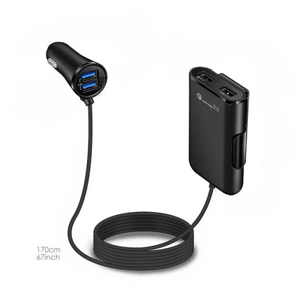 4 Port USB Car Charger with Front and Back Seat Ports, Charges 4 Devices at Once for Phones and Tablets, Black or White