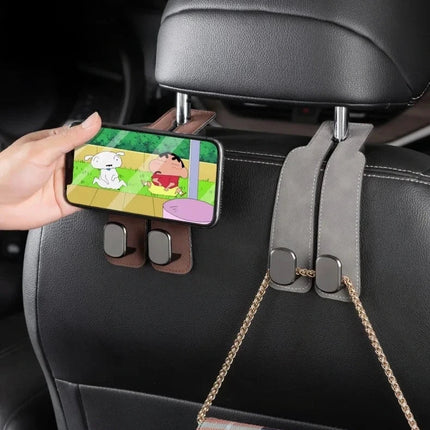 Car Headrest Hooks with Easy Hook-On Installation, Grocery Bag and Handbag Hangers in Brown, Black or Gray