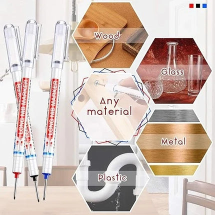 Long Nib Marker Pens, 6 Pack, Deep Hole Fine Tip with Quick Dry Ink for Wood, Metal, Plastic and Glass