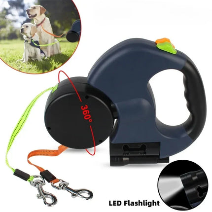 Retractable Dual Dog Leash, 3 m 10 ft Tangle Free Double Lead with 360 Degree Rotation and LED Light