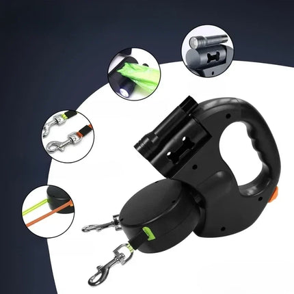 Retractable Dual Dog Leash, 3 m 10 ft Tangle Free Double Lead with 360 Degree Rotation and LED Light