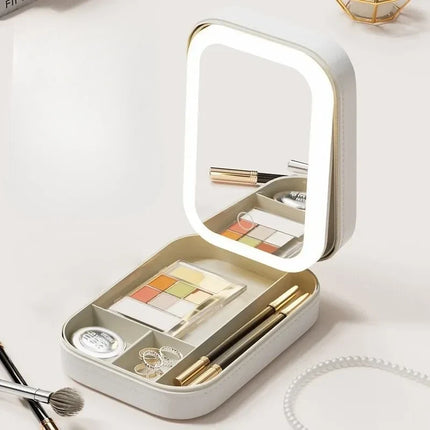 Makeup Bag with LED Lighted Mirror, Compact Zippered Travel Cosmetic Case for Touch Ups and Organizing
