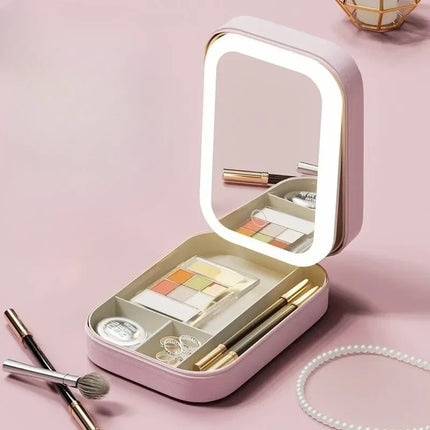 Makeup Bag with LED Lighted Mirror, Compact Zippered Travel Cosmetic Case for Touch Ups and Organizing