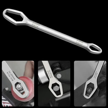 Dual Head Adjustable Wrench 8-13mm and 14-22mm, Toothed Anti Slip Jaws, Silver and Black Compact Spanner for Bike Repairs