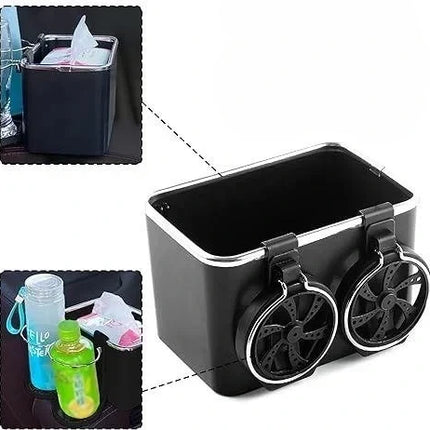 Car Armrest Organizer with Dual Cup Holders and Tissue Box Slot, Compact Console Storage for Phones, Snacks and Bottles