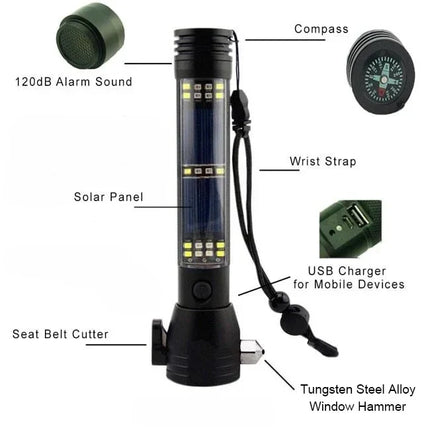Emergency Solar Flashlight with USB Charging, Power Bank and Tungsten Steel Window Breaker, Multi Function Car Safety Tool