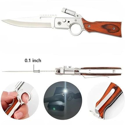 Folding Pocket Knife with Stainless Steel Blade, Lever-Action Rifle Styling, Wooden Handle and Built-In Flashlight