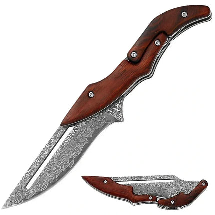 Damascus Steel Folding Pocket Knife, Wood Handle Everyday Carry Knife for Camping and Outdoor Tasks