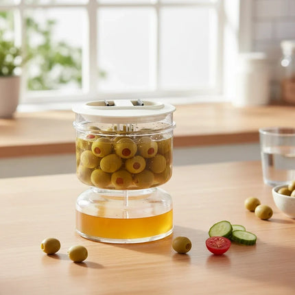 Dual Chamber Pickle and Olive Jar with Flip to Drain Strainer and Brine Catch Base for Fridge Storage